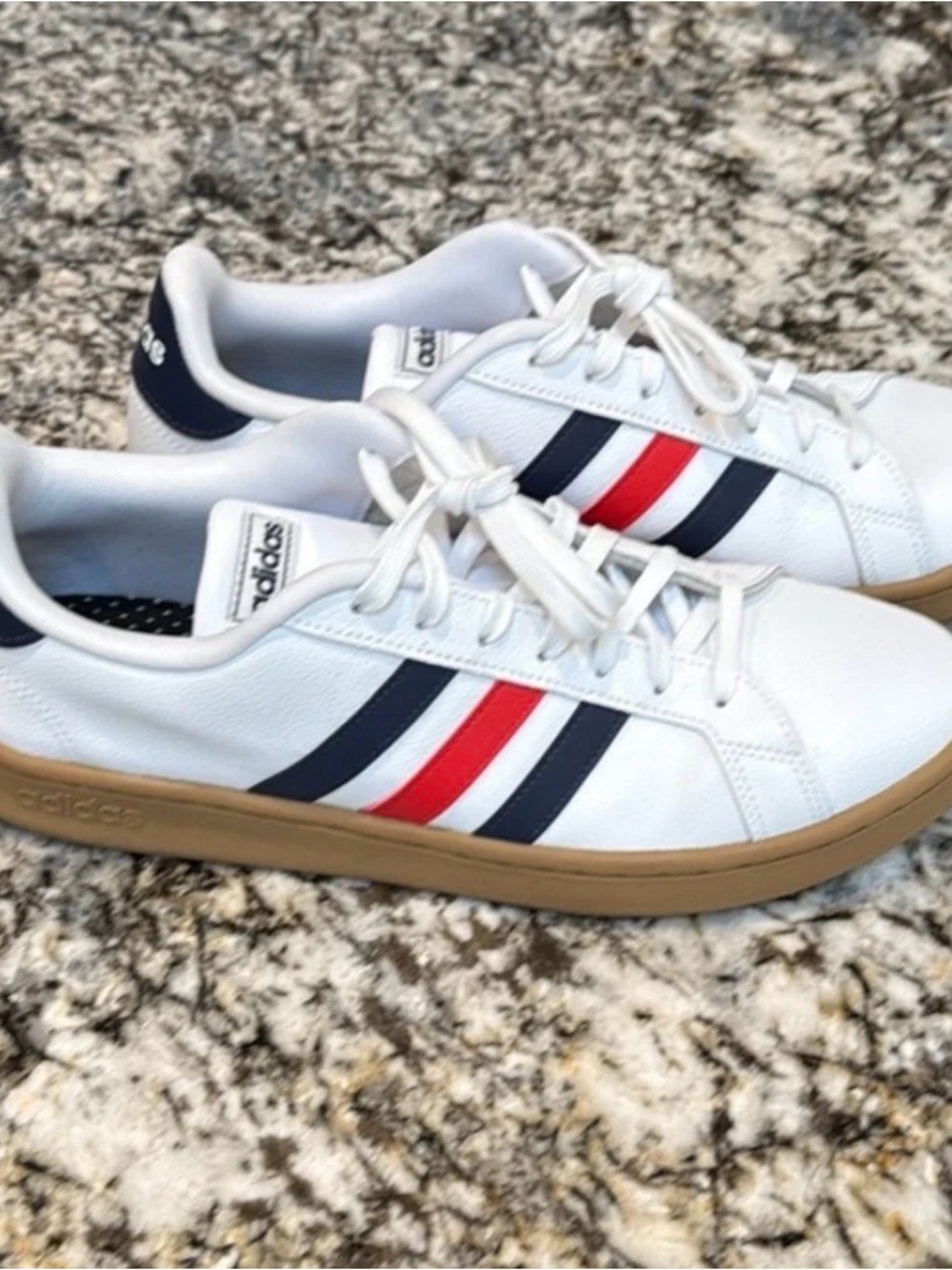 adidas White Sneakers with Navy and Red Stripes
